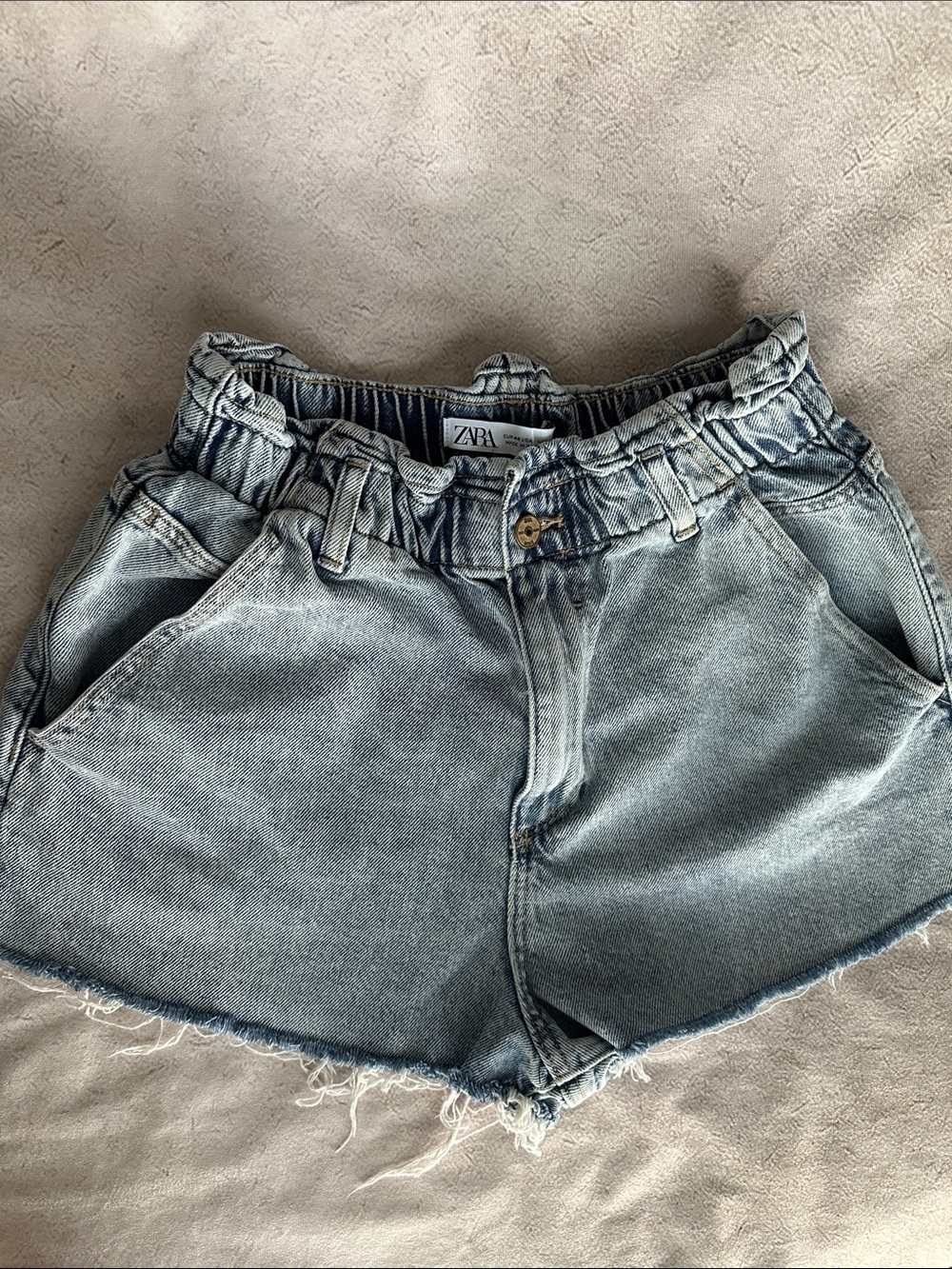 Zara Light Wash Denim Paperbag Shorts with Frayed Hem